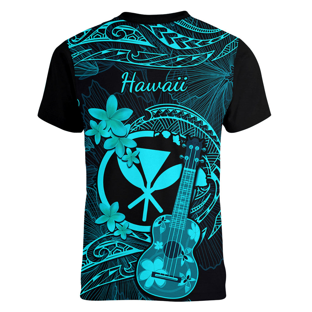 Hawaii Women V Neck T Shirt Ukulele Mix Polynesian Plumeria Turquoise Version - Wonder Print Shop