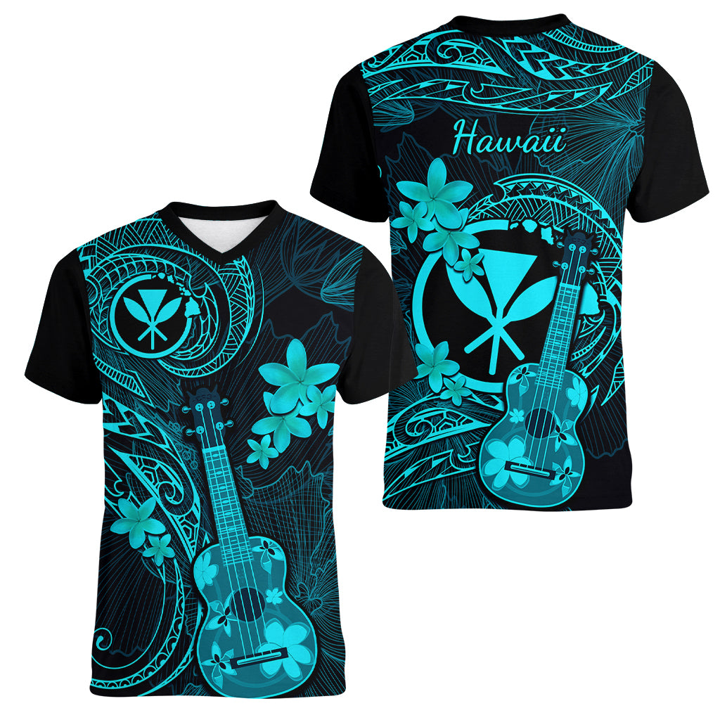 Hawaii Women V Neck T Shirt Ukulele Mix Polynesian Plumeria Turquoise Version - Wonder Print Shop