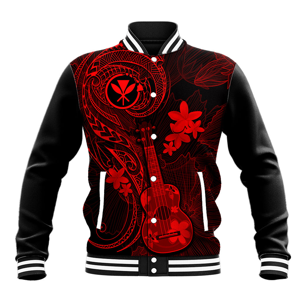 Hawaii Baseball Jacket Ukulele Mix Polynesian Plumeria Red Version - Wonder Print Shop