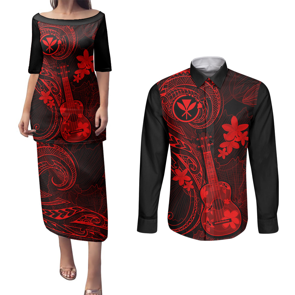 Hawaii Couples Matching Puletasi Dress and Long Sleeve Button Shirts Ukulele Mix Polynesian Plumeria Red Version - Wonder Print Shop