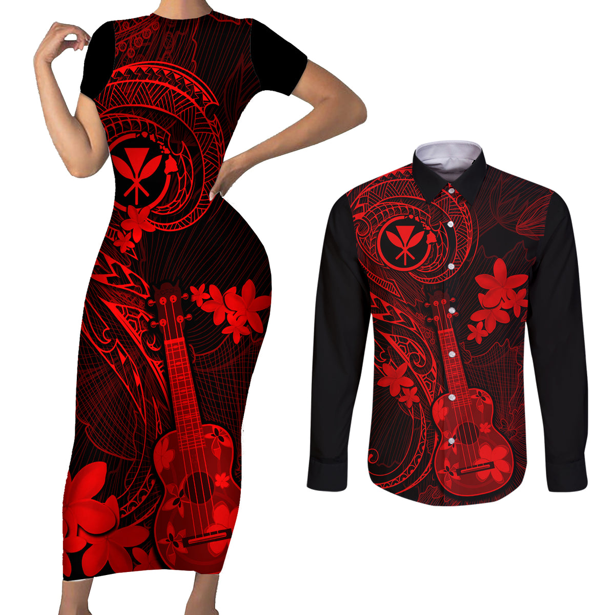 Hawaii Couples Matching Short Sleeve Bodycon Dress and Long Sleeve Button Shirts Ukulele Mix Polynesian Plumeria Red Version - Wonder Print Shop