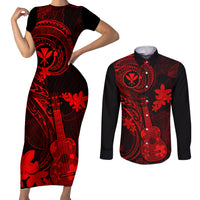 Hawaii Couples Matching Short Sleeve Bodycon Dress and Long Sleeve Button Shirts Ukulele Mix Polynesian Plumeria Red Version - Wonder Print Shop