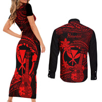 Hawaii Couples Matching Short Sleeve Bodycon Dress and Long Sleeve Button Shirts Ukulele Mix Polynesian Plumeria Red Version - Wonder Print Shop