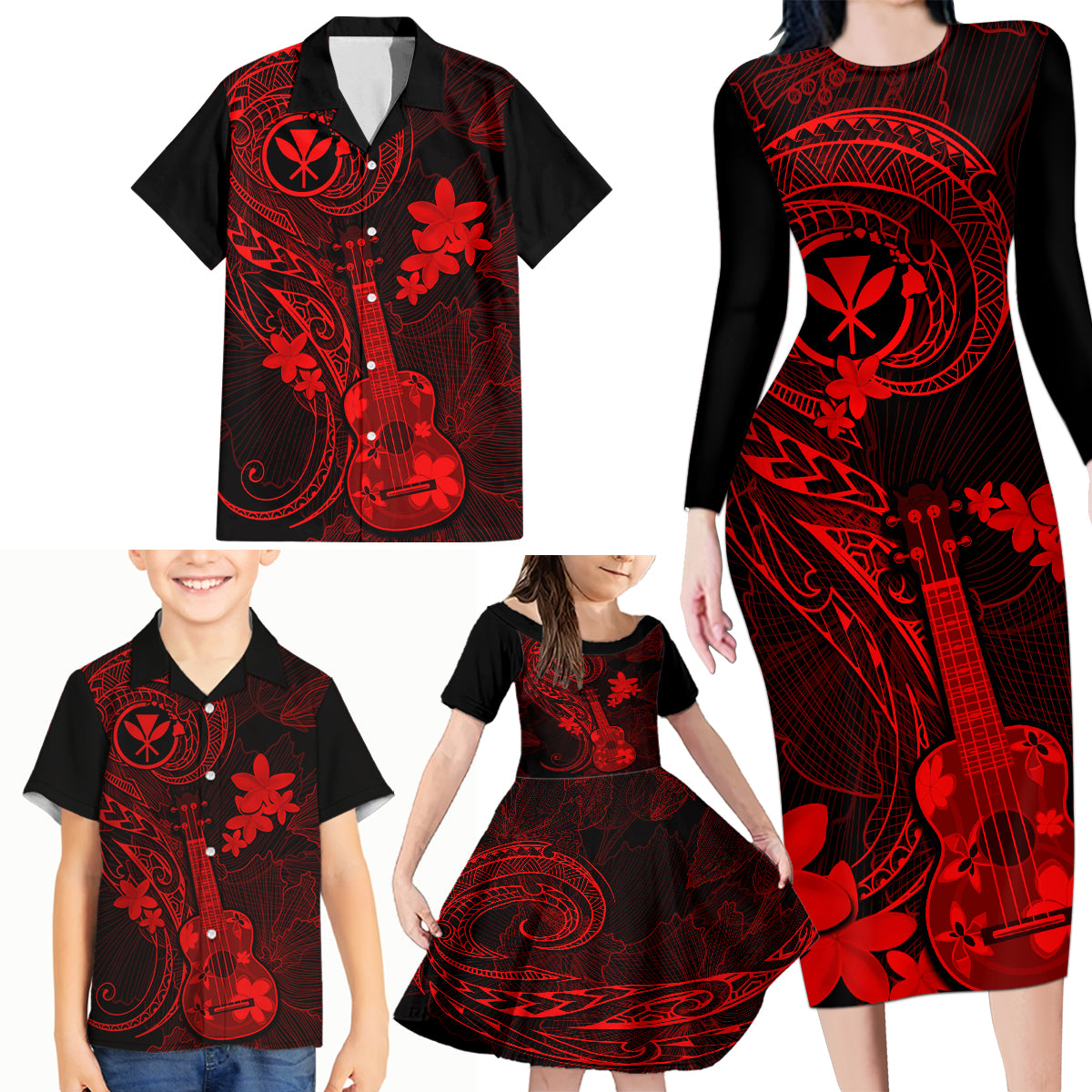 Hawaii Family Matching Long Sleeve Bodycon Dress and Hawaiian Shirt Ukulele Mix Polynesian Plumeria Red Version - Wonder Print Shop