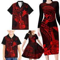Hawaii Family Matching Long Sleeve Bodycon Dress and Hawaiian Shirt Ukulele Mix Polynesian Plumeria Red Version - Wonder Print Shop