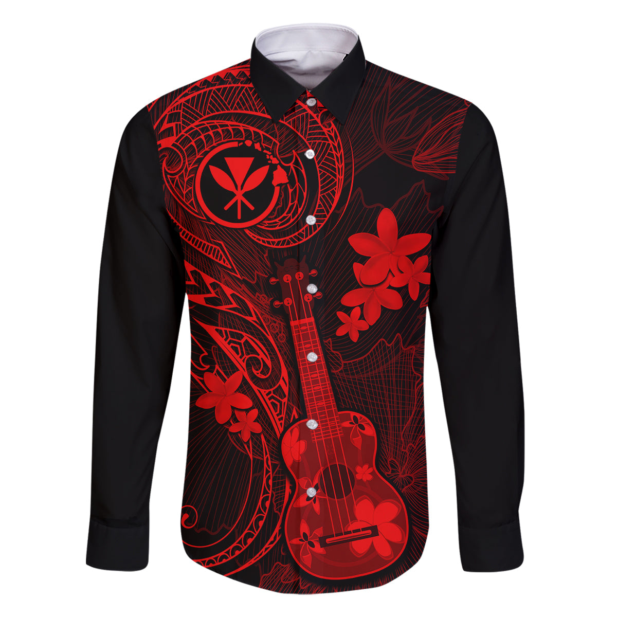 Hawaii Family Matching Long Sleeve Bodycon Dress and Hawaiian Shirt Ukulele Mix Polynesian Plumeria Red Version - Wonder Print Shop