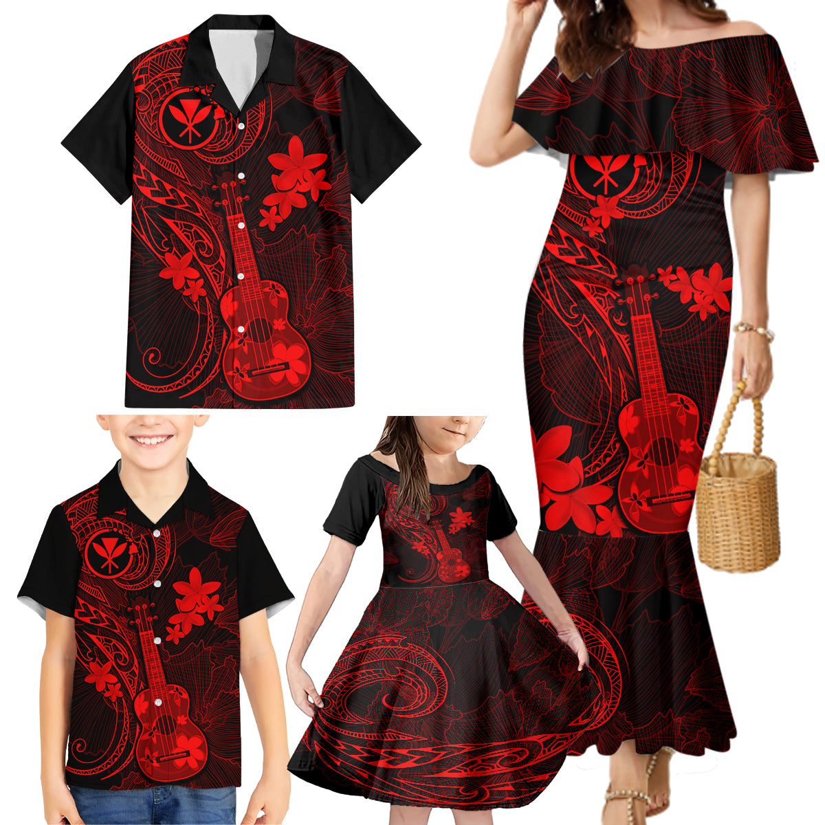 Hawaii Family Matching Mermaid Dress and Hawaiian Shirt Ukulele Mix Polynesian Plumeria Red Version - Wonder Print Shop