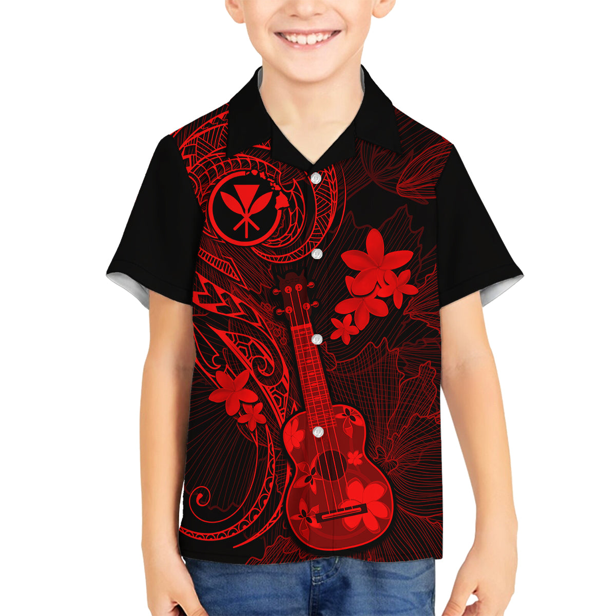 Hawaii Family Matching Mermaid Dress and Hawaiian Shirt Ukulele Mix Polynesian Plumeria Red Version - Wonder Print Shop