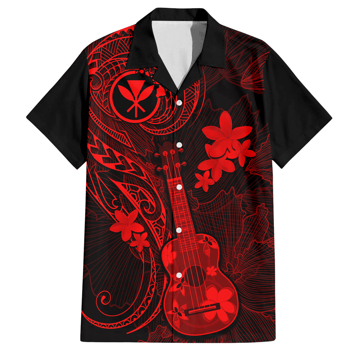 Hawaii Family Matching Off Shoulder Short Dress and Hawaiian Shirt Ukulele Mix Polynesian Plumeria Red Version - Wonder Print Shop