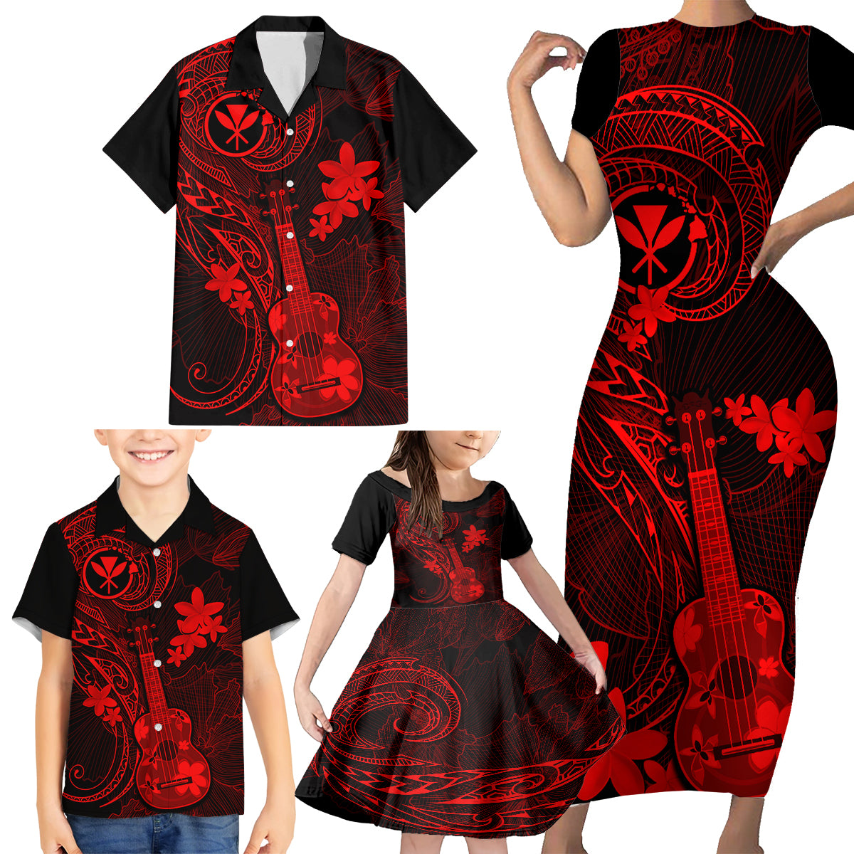 Hawaii Family Matching Short Sleeve Bodycon Dress and Hawaiian Shirt Ukulele Mix Polynesian Plumeria Red Version - Wonder Print Shop