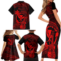 Hawaii Family Matching Short Sleeve Bodycon Dress and Hawaiian Shirt Ukulele Mix Polynesian Plumeria Red Version - Wonder Print Shop