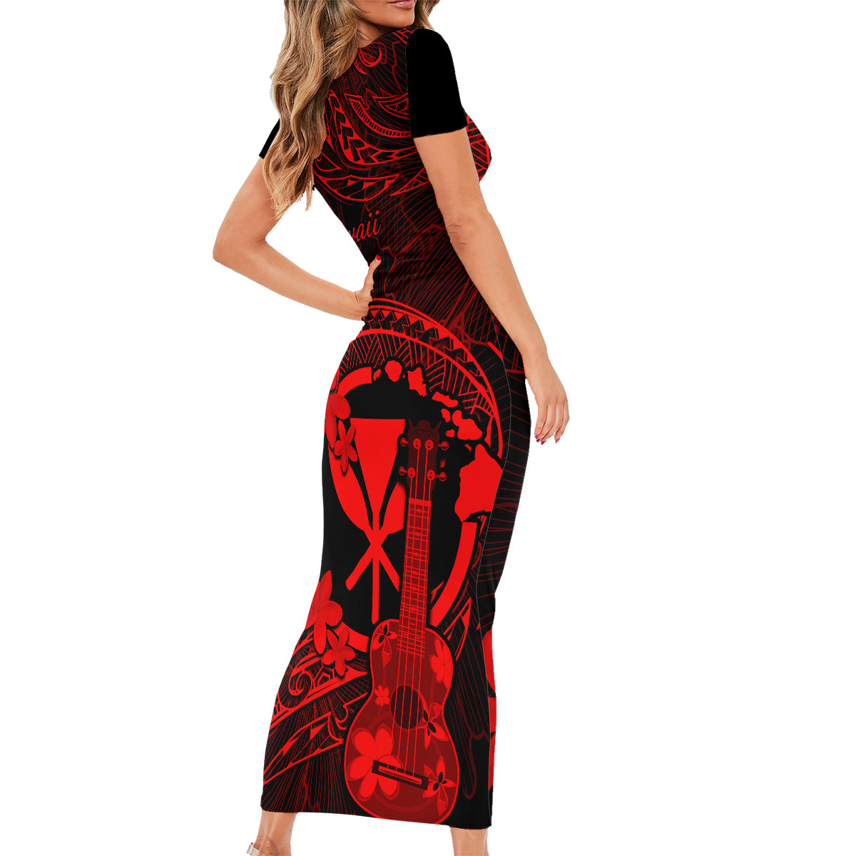 Hawaii Family Matching Short Sleeve Bodycon Dress and Hawaiian Shirt Ukulele Mix Polynesian Plumeria Red Version - Wonder Print Shop