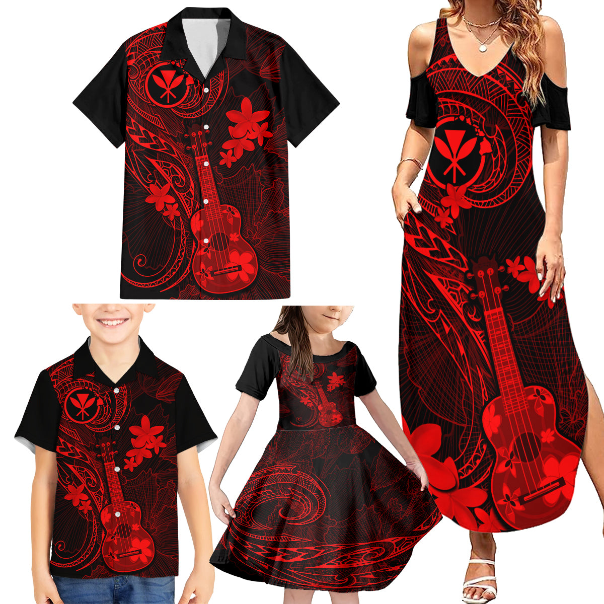 Hawaii Family Matching Summer Maxi Dress and Hawaiian Shirt Ukulele Mix Polynesian Plumeria Red Version - Wonder Print Shop