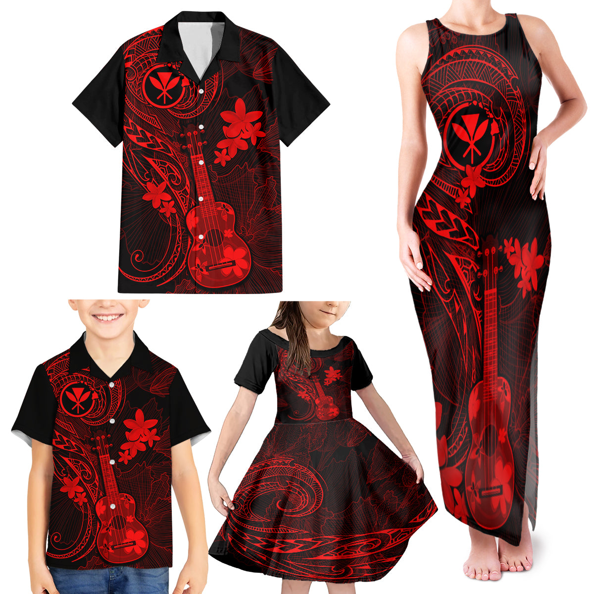 Hawaii Family Matching Tank Maxi Dress and Hawaiian Shirt Ukulele Mix Polynesian Plumeria Red Version - Wonder Print Shop