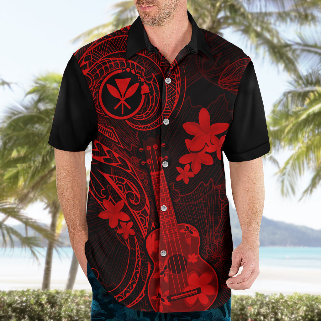 Hawaii Hawaiian Shirt Ukulele Mix Polynesian Plumeria Red Version - Wonder Print Shop