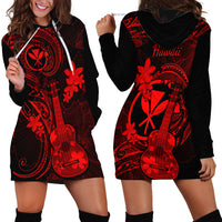 Hawaii Hoodie Dress Ukulele Mix Polynesian Plumeria Red Version - Wonder Print Shop