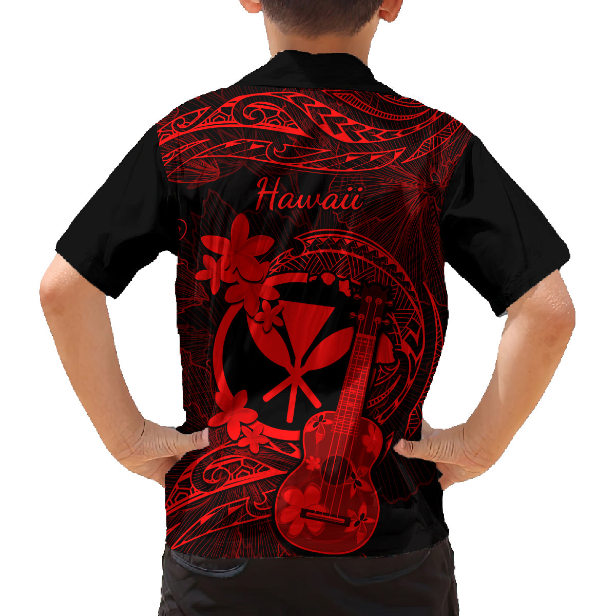 Hawaii Kid Hawaiian Shirt Ukulele Mix Polynesian Plumeria Red Version - Wonder Print Shop