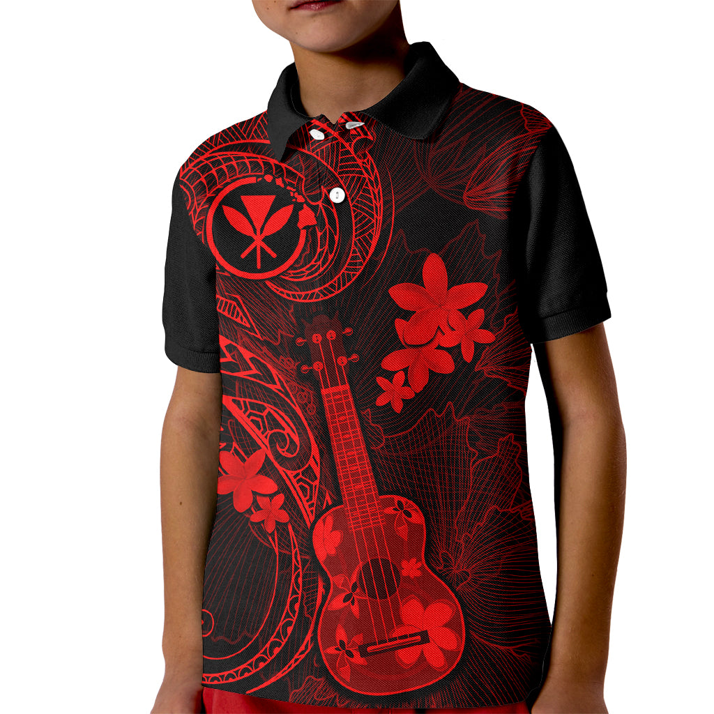 Hawaii Kid Polo Shirt Ukulele Mix Polynesian Plumeria Red Version - Wonder Print Shop