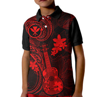 Hawaii Kid Polo Shirt Ukulele Mix Polynesian Plumeria Red Version - Wonder Print Shop