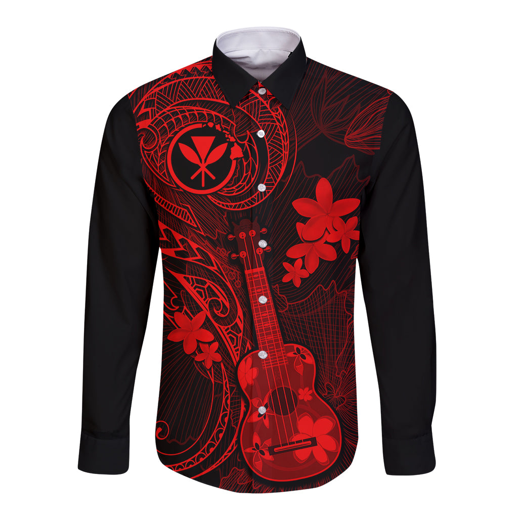 Hawaii Long Sleeve Button Shirt Ukulele Mix Polynesian Plumeria Red Version - Wonder Print Shop