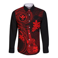 Hawaii Long Sleeve Button Shirt Ukulele Mix Polynesian Plumeria Red Version - Wonder Print Shop