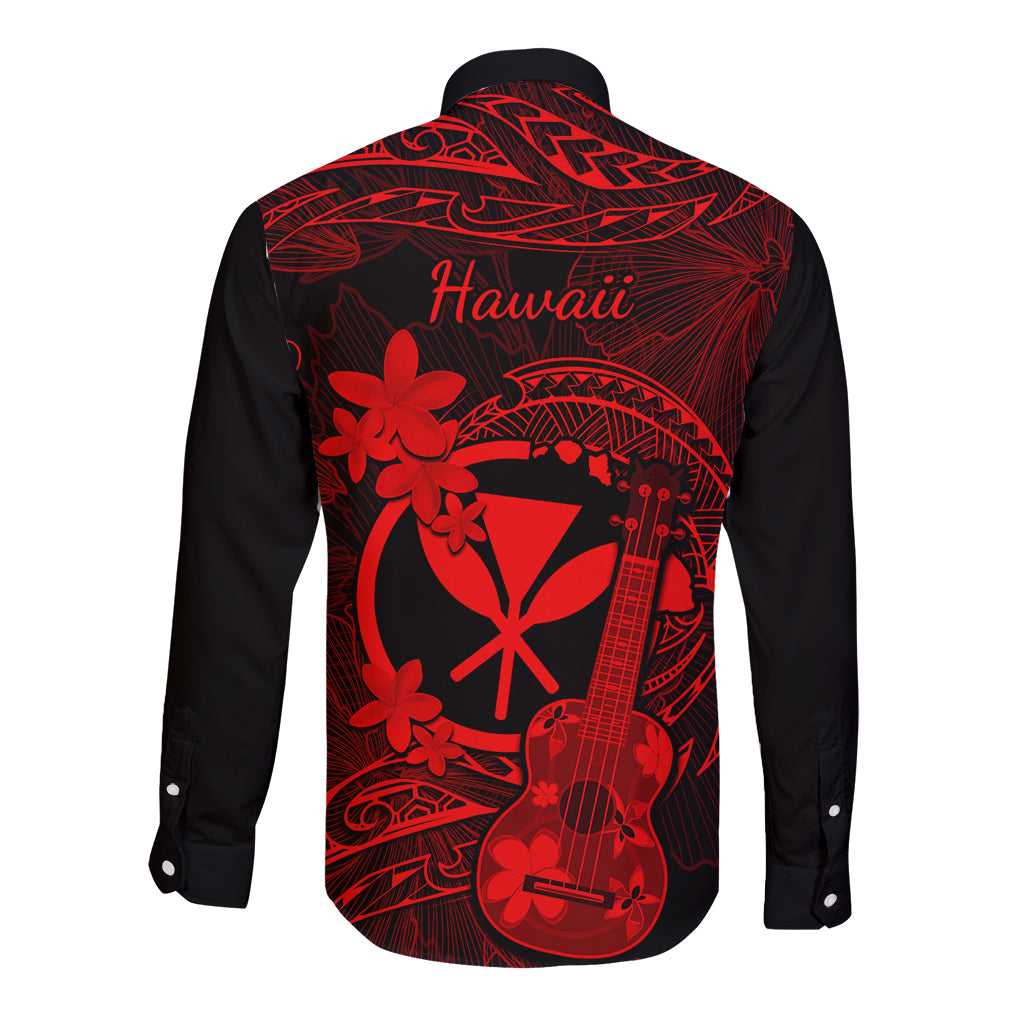 Hawaii Long Sleeve Button Shirt Ukulele Mix Polynesian Plumeria Red Version - Wonder Print Shop