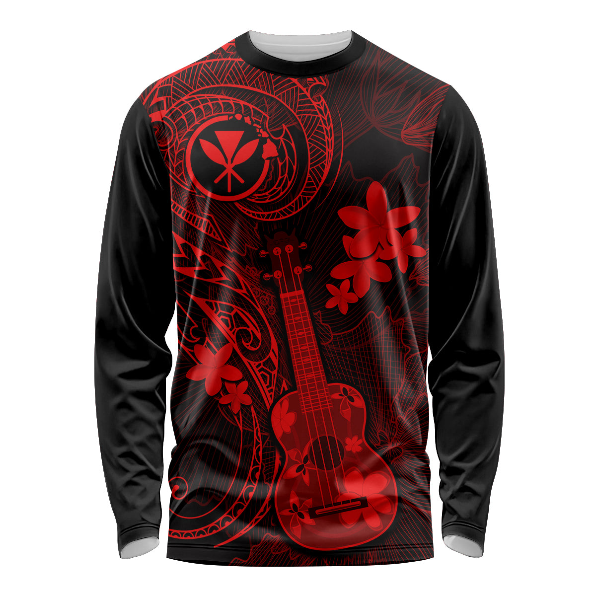 Hawaii Long Sleeve Shirt Ukulele Mix Polynesian Plumeria Red Version - Wonder Print Shop