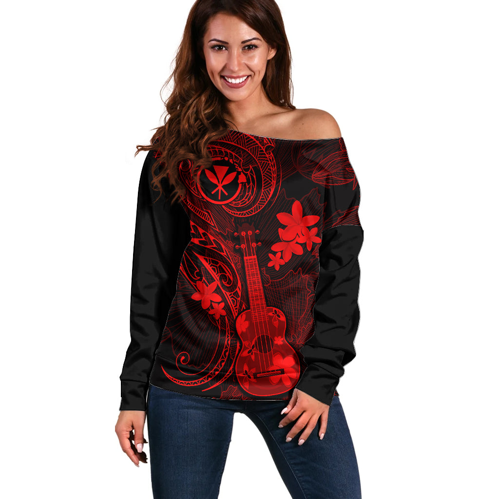 Hawaii Off Shoulder Sweater Ukulele Mix Polynesian Plumeria Red Version - Wonder Print Shop