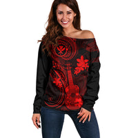 Hawaii Off Shoulder Sweater Ukulele Mix Polynesian Plumeria Red Version - Wonder Print Shop