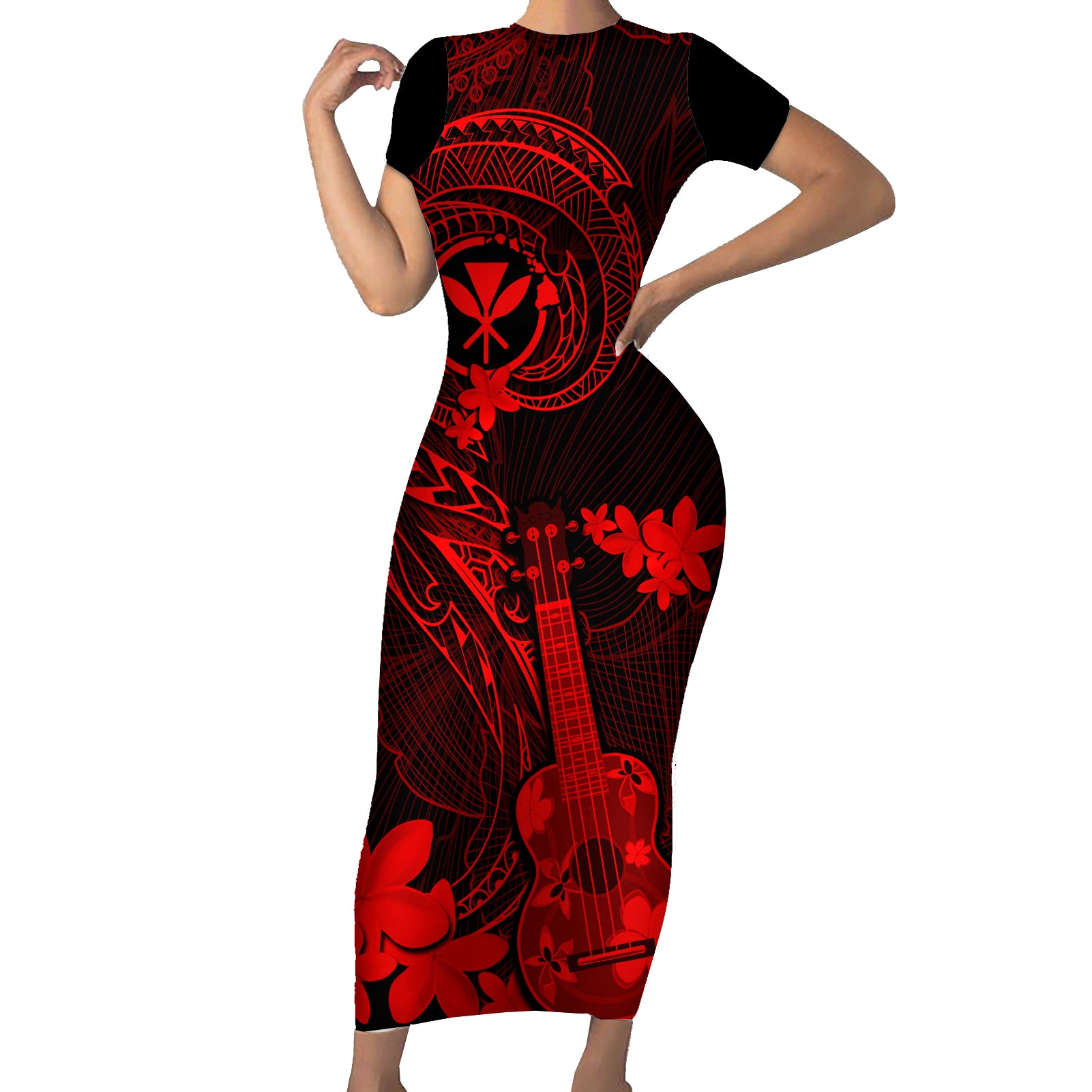 Hawaii Short Sleeve Bodycon Dress Ukulele Mix Polynesian Plumeria Red Version - Wonder Print Shop