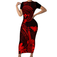 Hawaii Short Sleeve Bodycon Dress Ukulele Mix Polynesian Plumeria Red Version - Wonder Print Shop