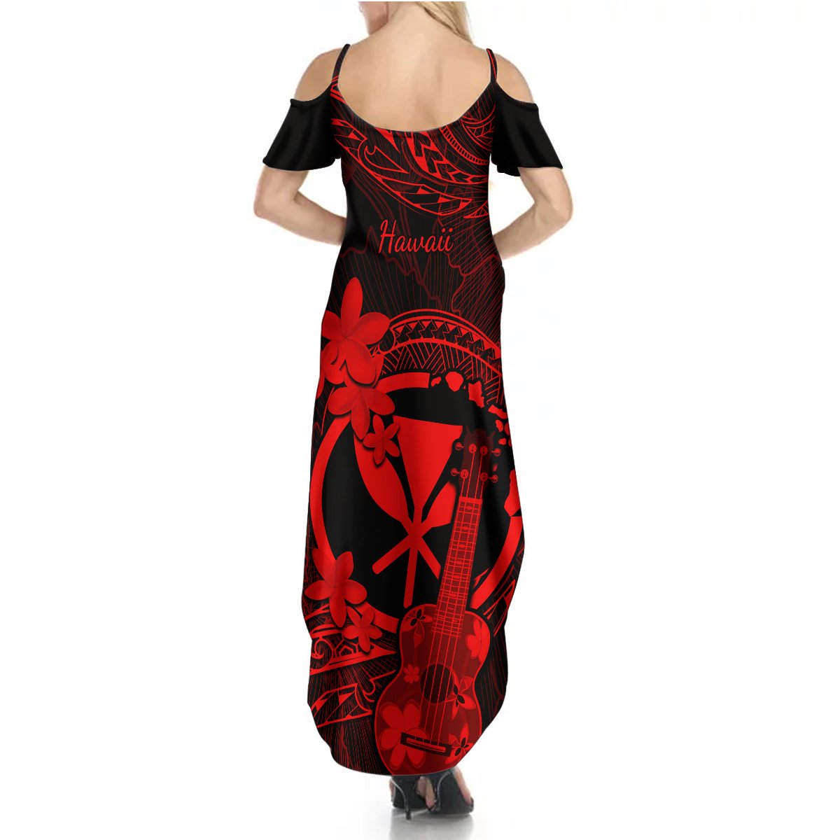 Hawaii Summer Maxi Dress Ukulele Mix Polynesian Plumeria Red Version - Wonder Print Shop