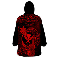 Hawaii Wearable Blanket Hoodie Ukulele Mix Polynesian Plumeria Red Version - Wonder Print Shop
