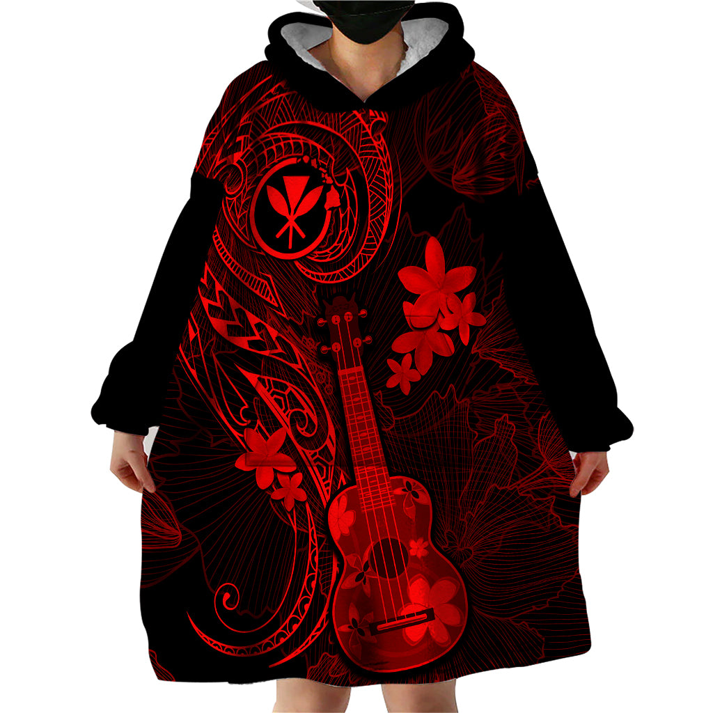 Hawaii Wearable Blanket Hoodie Ukulele Mix Polynesian Plumeria Red Version - Wonder Print Shop