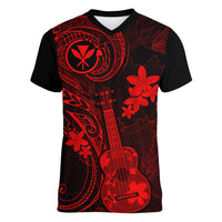 Hawaii Women V Neck T Shirt Ukulele Mix Polynesian Plumeria Red Version - Wonder Print Shop