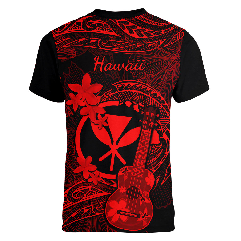 Hawaii Women V Neck T Shirt Ukulele Mix Polynesian Plumeria Red Version - Wonder Print Shop