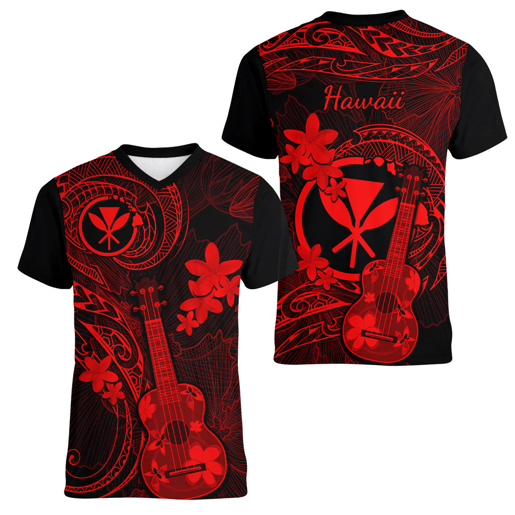 Hawaii Women V Neck T Shirt Ukulele Mix Polynesian Plumeria Red Version - Wonder Print Shop