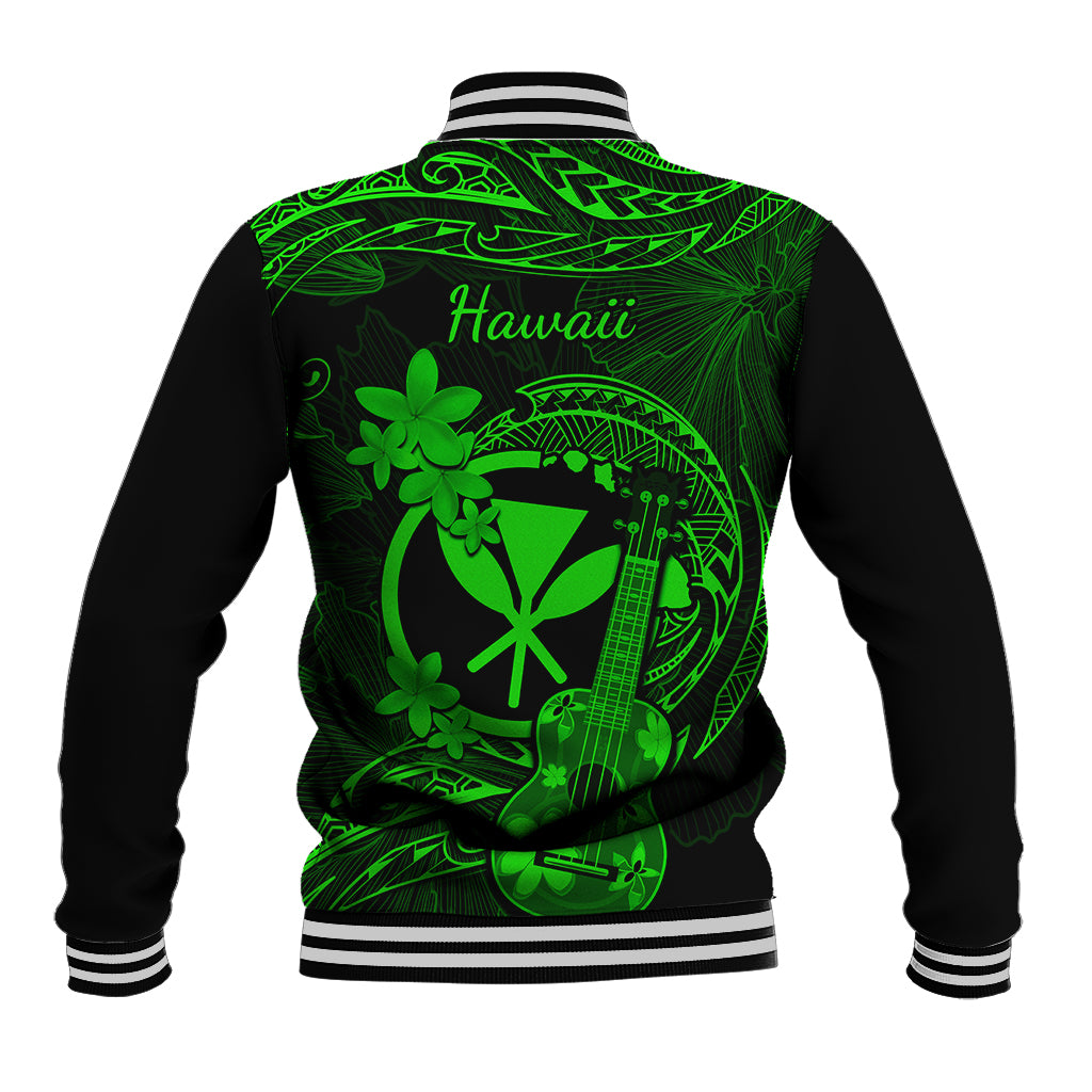 Hawaii Baseball Jacket Ukulele Mix Polynesian Plumeria Green Version - Wonder Print Shop