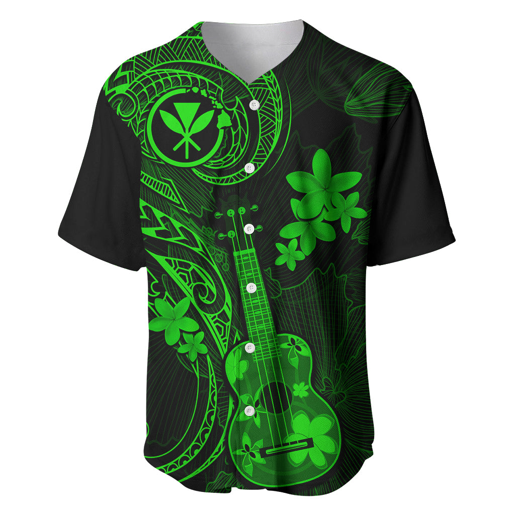 Hawaii Baseball Jersey Ukulele Mix Polynesian Plumeria Green Version - Wonder Print Shop