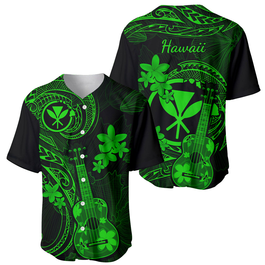 Hawaii Baseball Jersey Ukulele Mix Polynesian Plumeria Green Version - Wonder Print Shop