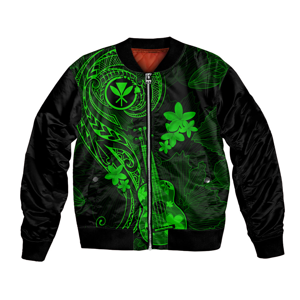 Hawaii Bomber Jacket Ukulele Mix Polynesian Plumeria Green Version - Wonder Print Shop