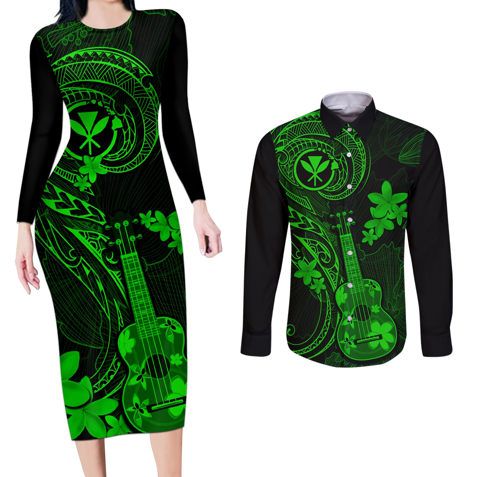 Hawaii Couples Matching Long Sleeve Bodycon Dress and Long Sleeve Button Shirts Ukulele Mix Polynesian Plumeria Green Version - Wonder Print Shop