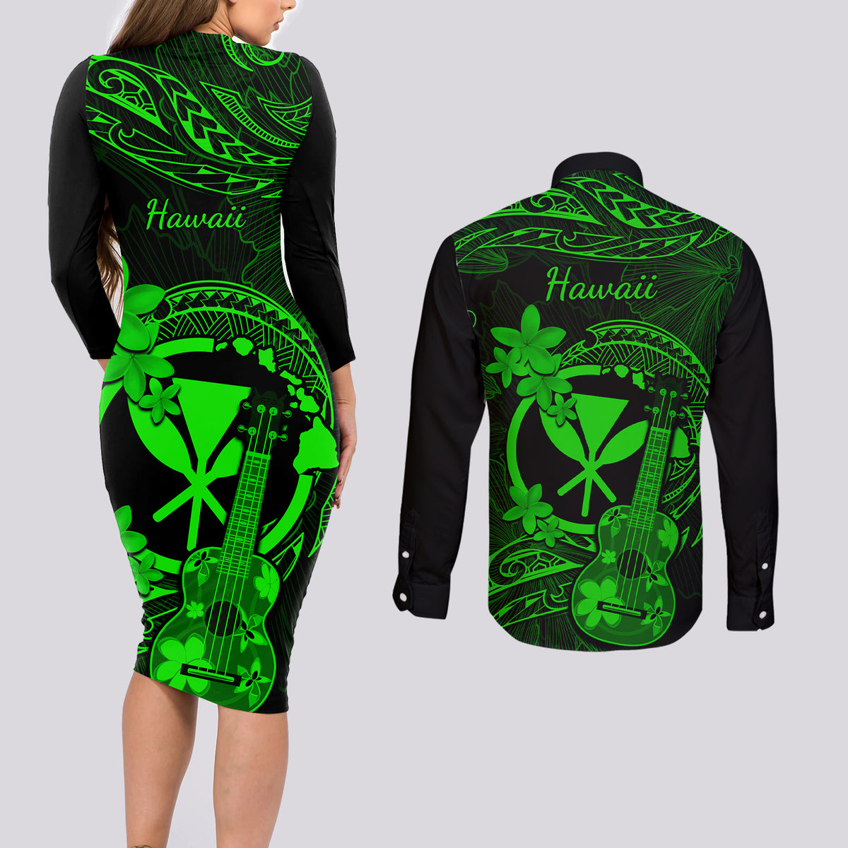 Hawaii Couples Matching Long Sleeve Bodycon Dress and Long Sleeve Button Shirts Ukulele Mix Polynesian Plumeria Green Version - Wonder Print Shop