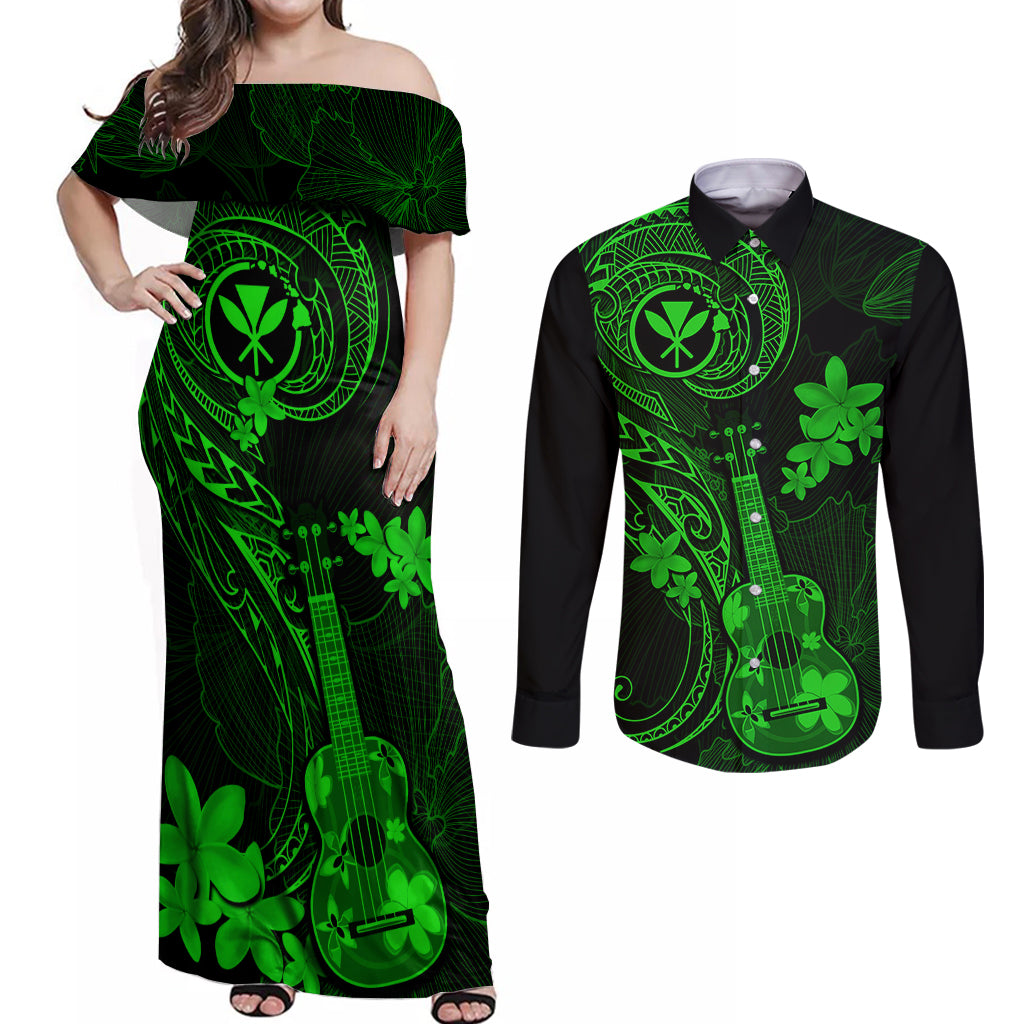 Hawaii Couples Matching Off Shoulder Maxi Dress and Long Sleeve Button Shirts Ukulele Mix Polynesian Plumeria Green Version - Wonder Print Shop