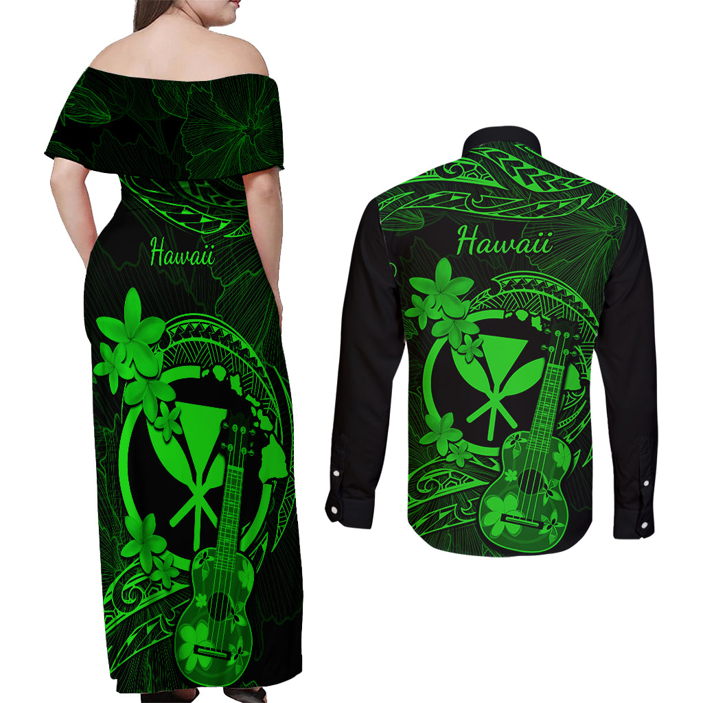 Hawaii Couples Matching Off Shoulder Maxi Dress and Long Sleeve Button Shirts Ukulele Mix Polynesian Plumeria Green Version - Wonder Print Shop