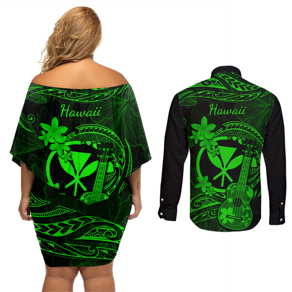 Hawaii Couples Matching Off Shoulder Short Dress and Long Sleeve Button Shirts Ukulele Mix Polynesian Plumeria Green Version - Wonder Print Shop