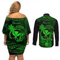 Hawaii Couples Matching Off Shoulder Short Dress and Long Sleeve Button Shirts Ukulele Mix Polynesian Plumeria Green Version - Wonder Print Shop