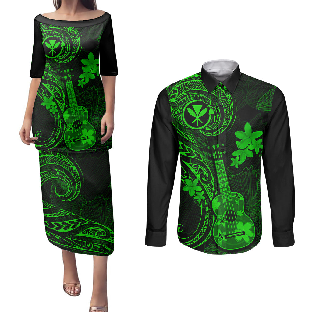 Hawaii Couples Matching Puletasi Dress and Long Sleeve Button Shirts Ukulele Mix Polynesian Plumeria Green Version - Wonder Print Shop