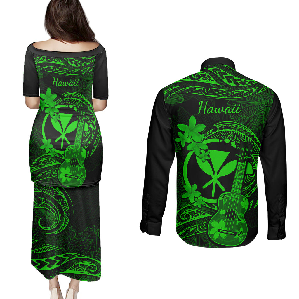 Hawaii Couples Matching Puletasi Dress and Long Sleeve Button Shirts Ukulele Mix Polynesian Plumeria Green Version - Wonder Print Shop