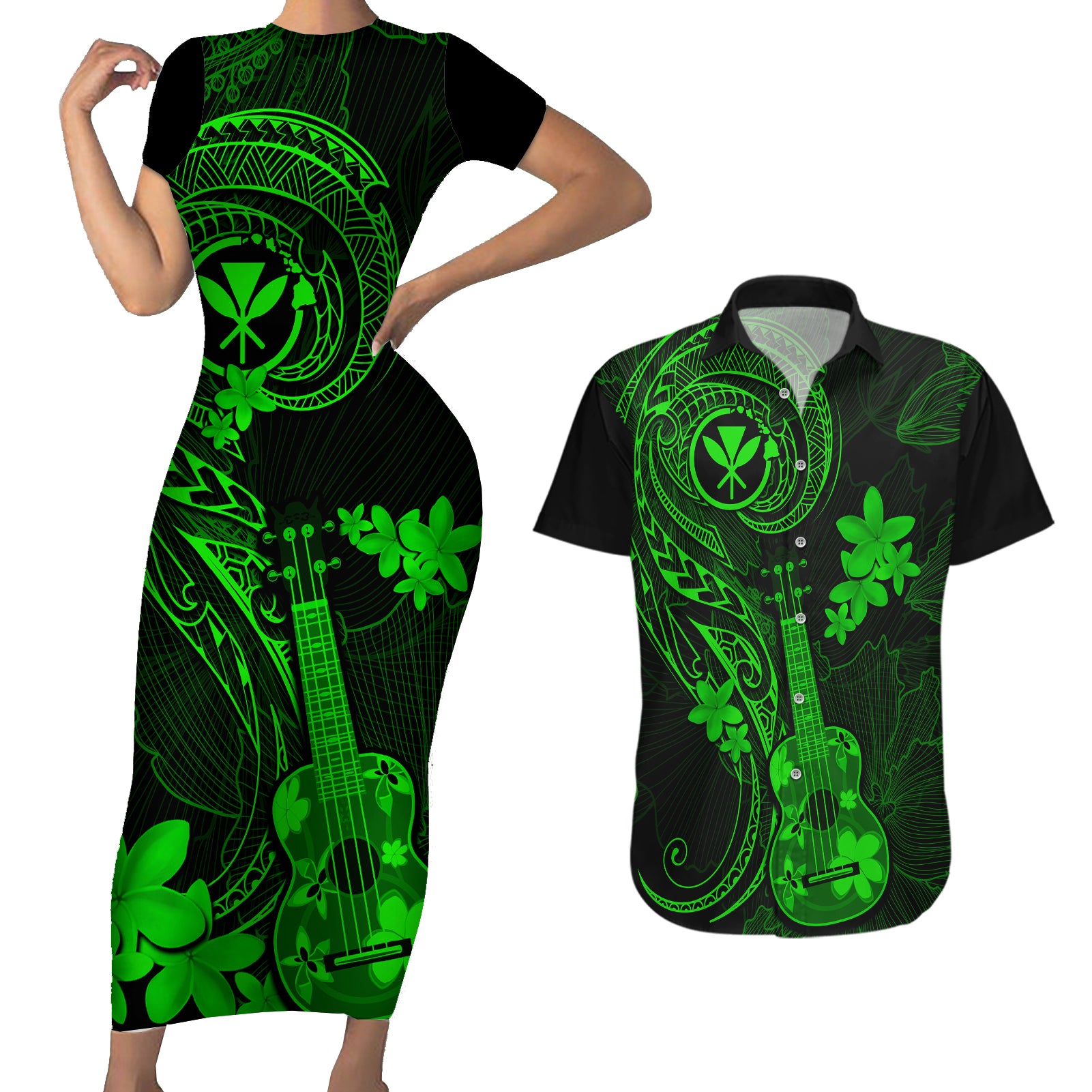 Hawaii Couples Matching Short Sleeve Bodycon Dress and Hawaiian Shirt Ukulele Mix Polynesian Plumeria Green Version - Wonder Print Shop